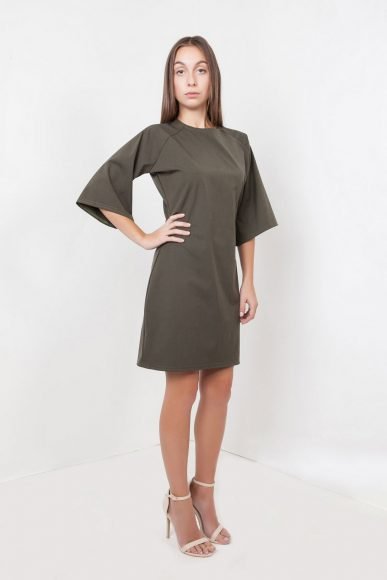 Petite mini Tomoto dress in olive green by Narrow Arrow :: BombPetite.com