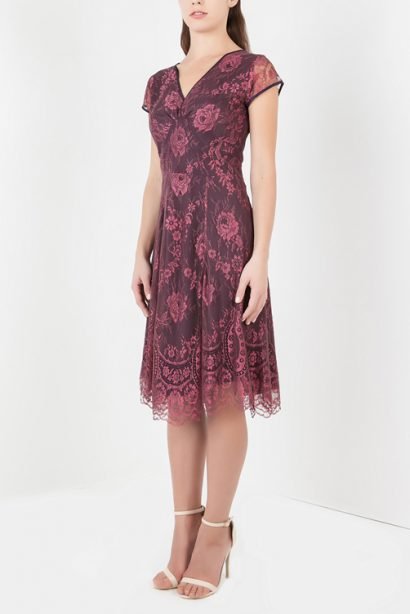 PETITE Kristen dress in red rosewood lace by Nancy Mac :: BombPetite.com