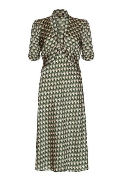 PETITE Sable dress in green fan print crepe by Nancy Mac :: BombPetite.com