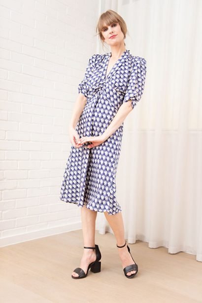 PETITE Sable dress in blue fan print crepe by Nancy Mac :: BombPetite.com