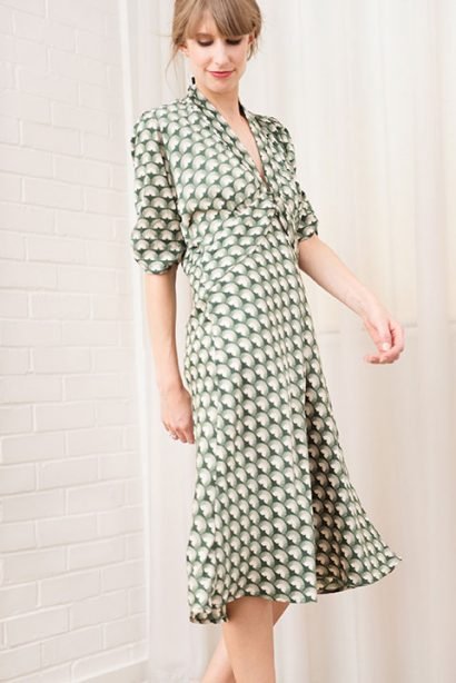 PETITE Sable dress in green fan print crepe by Nancy Mac :: BombPetite.com