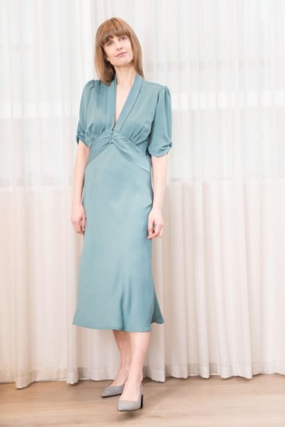 Petite_Nancy_Mac_Sable_Midi_Dress_Tiffany_Matte_Satin_Crepe :: BombPetite.com