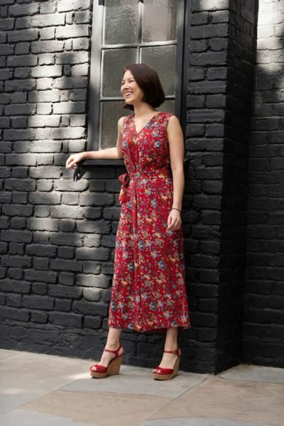 Petite V neck jumpsuit in Red floral print by Bomb Petite :: BombPetite.com