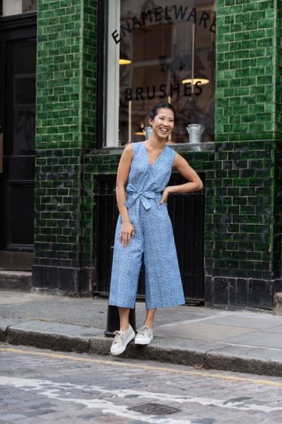 Petite v neck blue floral print jumpsuit by Bomb Petite